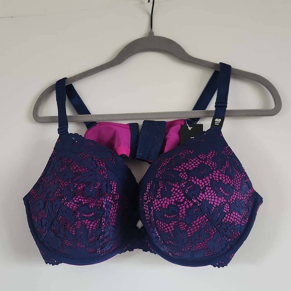 Lace Overlay Bra - Navy and Pink Panties